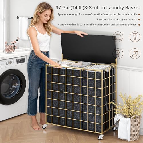 Laundry Basket with Wheels, Heavy Duty Laundry Sorter 3 Sections, 140L (37Gal.) Large Capacity Hamper with Wood Lid, 360 Rolling Wheels, Extra Side Pocket, Leather Pull Handle,Golden+Black - Image 6