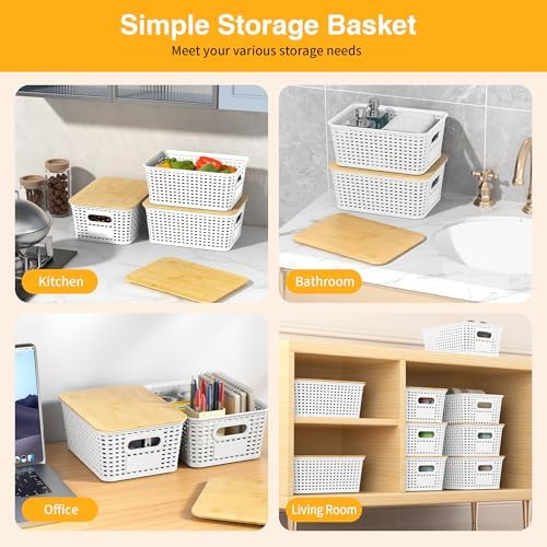 6 Pack Plastic Storage Baskets,White bamboo lid storage Box - Image 4