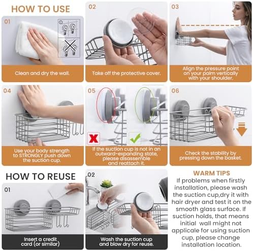LEVERLOC Shower Caddy Suction Cup, Heavy Duty Bathroom Organizer, Grey - Image 7