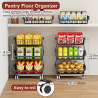 3-Tier Rolling Pantry Cart with Wheels, Stackable Wire Storage Floor Organizer for Kitchen Pantry Snack Shelves, Fruit Basket Stand, Vegetable Storage Rack for Food Snacks Onion Potato - Image 3