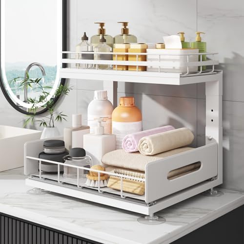 Under Sink Organizer Upgrade To Professional Rails,2-Tier Dual Pull Out Cabinet Storage,Height Adjustable Slide Out Drawers For Bathroom Kitchen,2 Pack-14.5" Dx12.8-16.9" H,White - Image 7