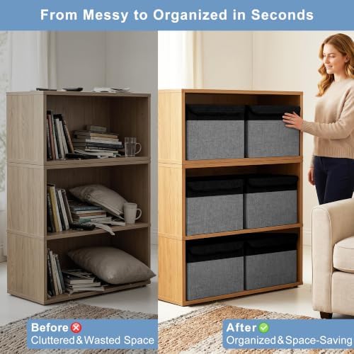 Large 17" 42 Quarts Collapsible Stackable Storage Bins with Lids [3-Pack] Foldable Fabric Linen Storage Boxes Cube, Closet Organizer Baskets with Label for Home (16.7 x 12 x 12", Black & Gray) - Image 2