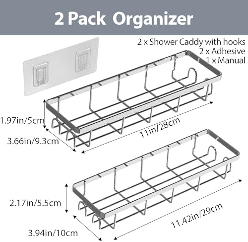 Shower Caddy Organizer with Hooks,Self Adhesive Bathroom Shelves,No Drilling Bathroom Organizers and Storage,Perfect for RV, Apartment, Home Decor,2 Pack Silvery - Image 2