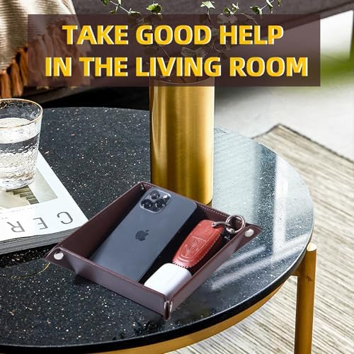 Valet Tray for Men Women - PU Leather Travel Catchall Tray Organizer - Desk Bedside Nightstand Storage Box for Jewelry Key Phone Remote Controller Wallet Watch Glasses Coin Readers - Square - Image 4