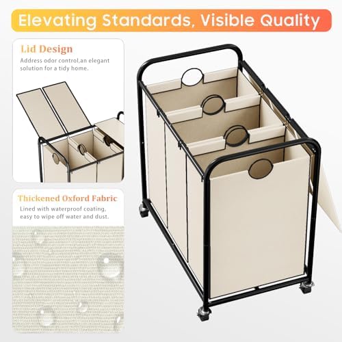 180L Laundry Sorter 3 Section, Rolling Laundry Basket with Wheels and Lid - Image 4