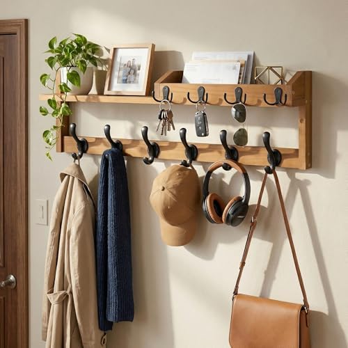 Coat Rack Wall Mount with Shelf, 27.5" Entryway Wall Hanging Shelf, Coat and Key Hanger with 10 Dual Hooks, Mail Organizer and Key Holder Hat Rack for Wall, Wood Coat Hooks with Storage - Image 3
