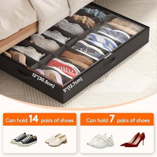 Lifewit Under Bed Shoe Storage Organizer 4 Pack(14 Shoes Cells), 4.3 Inches Tall Low Profile Fabric Shoes Container Box with Clear Cover, Foldable Storage Bag with 2 Handles, Fits 28 to 56 Pairs - Image 4