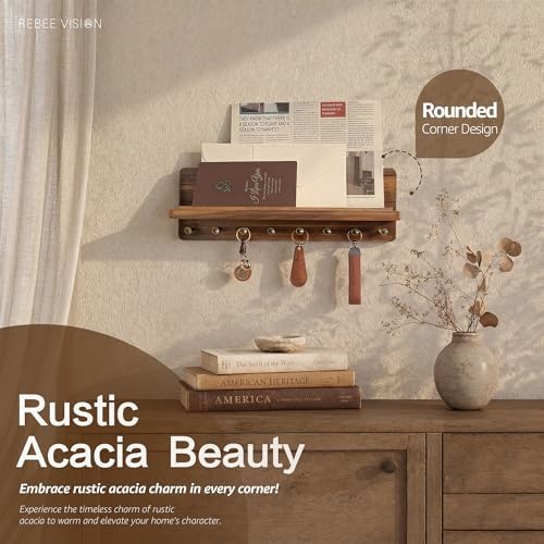 Rebee Vision Acacia Wood Key Holder Wall Mount with Shelf Home Decor, Brown - Image 3