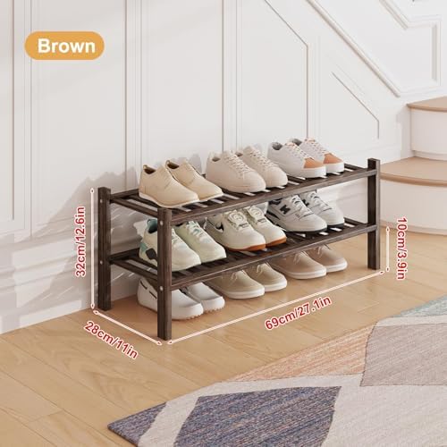 Bamboo Shoe Rack Organizer for Closet and Entryway - Space-Saving Narrow Shoe Stand - Versatile Shoe Holder for Door or Closet Shelf,Garage Bedroom can Freely Stack DIY Small Shoe Racks 2Tier Brown - Image 2