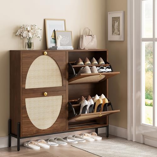 IRONCK Rattan Shoe Cabinet Storage with 4 Flip Drawers, Walnut - Image 2