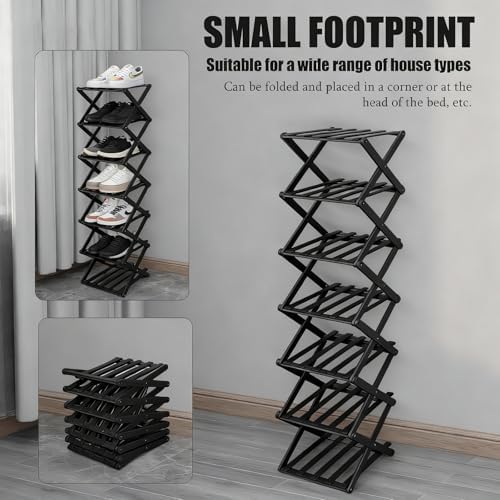 Vertical Narrow Shoe Rack Black, 7 Tier Portable Folding Shoe Storage Rack, Without Installation Free Standing Shoe Rack for Corridors, Bedrooms Living Room Corner and Small Spaces - Image 5