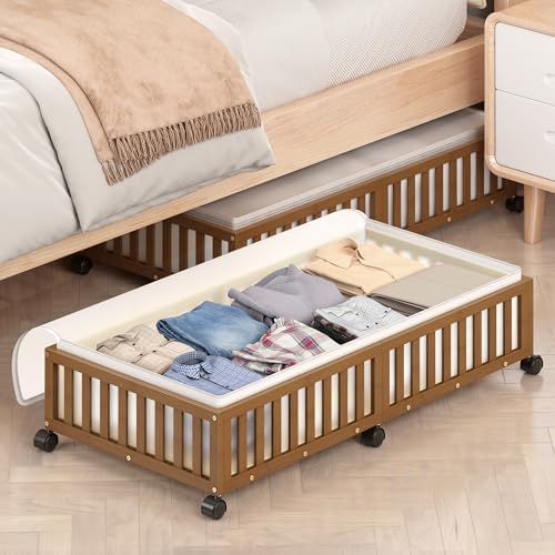 2 Pack Large Bamboo Under Bed Storage Containers with Wheels, Brown | Underbed Drawer Storage with Bag, Wood Rolling Underbed Organizer for Shoes, Sheets Clothes Blanket Comforter, Under Crib Toy by MHXWSXPN
