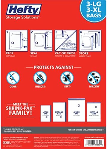 Hefty Shrink-Pak Vacuum Storage Bags - Space Saver for Under Bed Storage, Clothing and Comforters, Odor Resistant, 3X More Storage Space - 3 Large, 3 XL Bags - Image 4