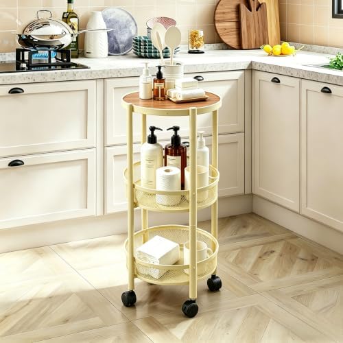 3-Tier Foldable Rolling Cart, Collapsible Metal Utility Cart with Wheels, Assembly-Free, Round Storage Organizer Trolley for Kitchen, Bathroom, Dorm, Nursery-Light Yellow - Image 2