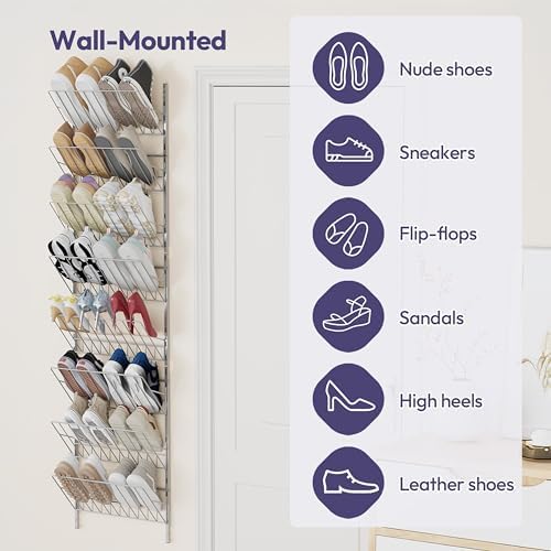 SWTYMIKI Over the Door Shoe Organizer - Adjustable 8 Tier Hanging Shoe Rack Organizer, Metal Heavy Duty Behind Door Storage or Wall Mount Shoes Shelf for Flats, Heels, Sneakers, Boots, Silver - Image 4