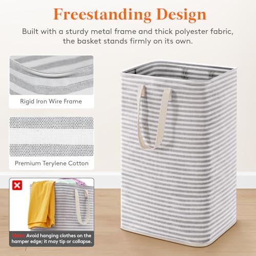 Lifewit 2 Packs Freestanding Clothes Hamper with Carry Handles, Large Tall Laundry Basket for Organization for Adults in Laundry Room Dorm Bedroom, Gray, 2 x 75L - Image 4