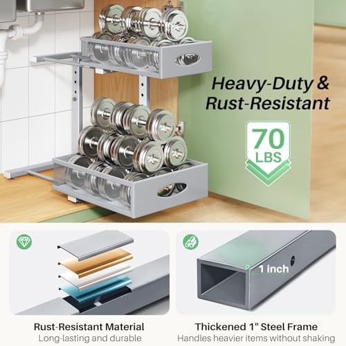 Under Sink Organizer, 1-Pack Pull Out Cabinet Organizer 2 Tier Metal Slide Out Storage Shelf Rack, L-Shaped Adjustable Height,Mesh Sliding Drawer for Kitchen, Bathroom, Laundry, Pantry, Grey, XL - Image 6
