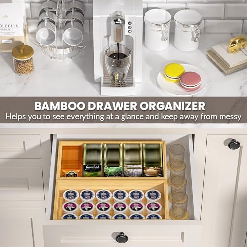 Kitchen Drawer Organizer Bins, Stackable Bamboo Drawer Organizer for Silverware, Flatware, Coffee Pod Organizer K Cup Holder for Countertop, 2 Pcs Coffee Station Organizer 12" x 6" x 2.5" - Image 4