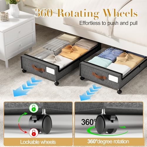 Yecaye 60L Under Bed Storage with Wheels, 2 Pack, Hemp Grey | 360° Rolling Wheels, Clear Lids & Label, Reinforced Handle, Rolling Metal Drawers for Clothes, Blankets, Shoes in Bedroom - Image 4