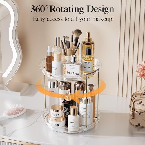 Delamu Rotating Makeup Organizer for Vanity, 2 Tier Bathroom Counter Organizer with Stackable Design, Spinning Skincare Organizer for Bathroom Countertop, Perfume Cosmetic Storage, Clear - Image 2