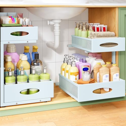 Under Sink Organizer, 2-Pack Pull Out Cabinet Organizer 2 Tier Metal Slide Out Storage Shelf Rack, L-Shaped Adjustable Height,Mesh Sliding Drawer for Kitchen, Bathroom, Laundry, Pantry, Blue, XL by Kitstorack