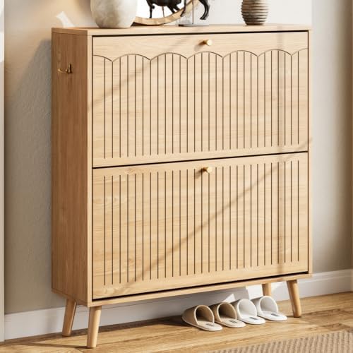 Nicetree Arch-Chic Shoe Cabinet for Entryway, Modern Mid-Century Shoe Storage Cabinet with Fluted, Narrow Shoe Rack for Entryway with Adjustable Shelves & Tipping Protection,Light Oak by Nicetree