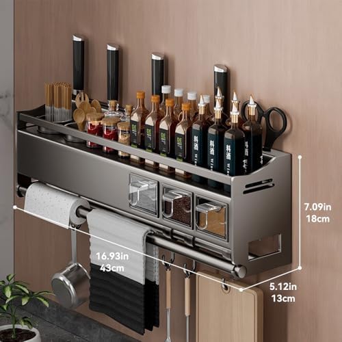 Multifunctional Kitchen Spice Rack Organizer Wall Mounted with Knife Holder Hooks and Pole Hanging Seasoning Organizer Shelf (3 Boxed and 2 Spoon Barrels) - Image 2