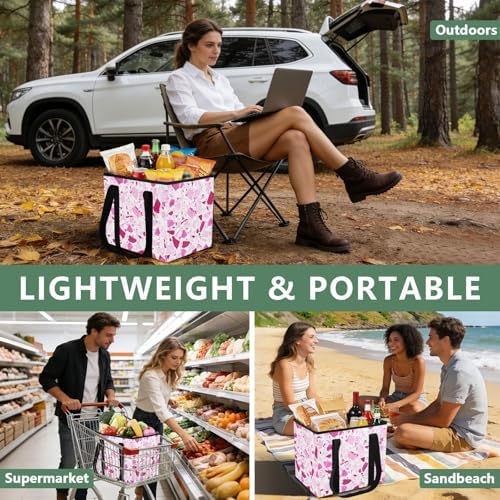 Trunk Organizer Collapsible Car Organizer with Handle Car Storage Box Bin for Groceries SUV Utility Tote Bag Portable Vehicle Container Pink Terrazzo - Image 6