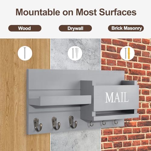 Lwenki Mail Organizer for Wall Mount – Key Holder with Shelf Includes Letter Holder and Hooks for Hallway Farmhouse Decor – Rustic Wood with Flush Mounting Hardware (16.5” x 9.1” x 3.4”) (Gray) - Image 7