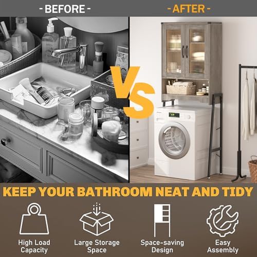 Over The Toilet Storage Cabinet with Tempered Glass Doors and Adjustable Shelf, Bathroom Organizer with Metal Stand Space Saver Over Toilet , Modern Toilet Rack for Bathroom, Restroom, Laundry, Grey - Image 4
