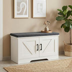HOMSHO Farmhouse Shoe Storage Bench with 2 Barn Doors & Padded Seat Cushion - Image 2