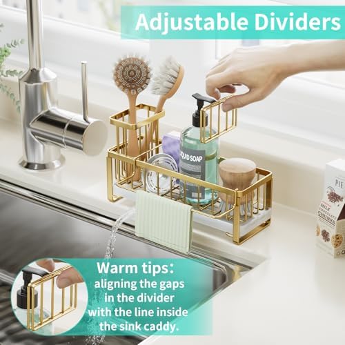 HapiRm Sponge Holder for Kitchen Sink - Self-draining Sink Caddy with Brush Holder and Dishcloth Holder, Stainless Steel Kitchen Organizer for Countertop - Gold - Image 5