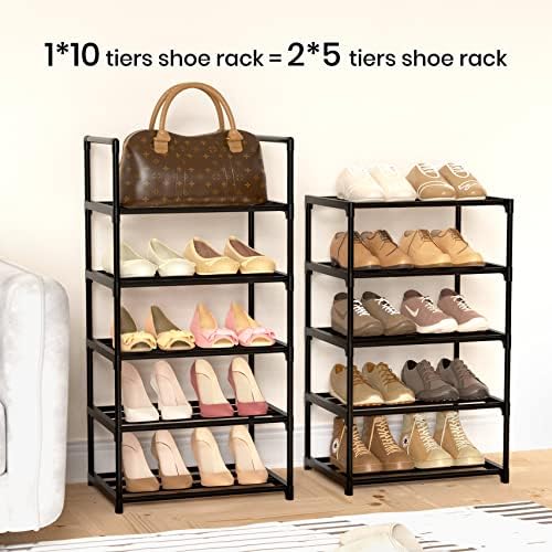 Narrow Shoe Rack 10 Tiers Tall Shoe Rack for Entryway Closet 20 24 Pairs Shoe & Boots Organizer Storage Shelf Durable Black Metal Stackable Shoe Cabinet with Hooks, 17.1D x 11.8W x 78.7H in - Image 4