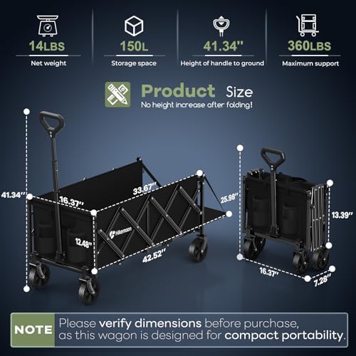 HIKEMOON 43'' Extra Long Folding Wagon with Extended Tailgate, Black - Image 2