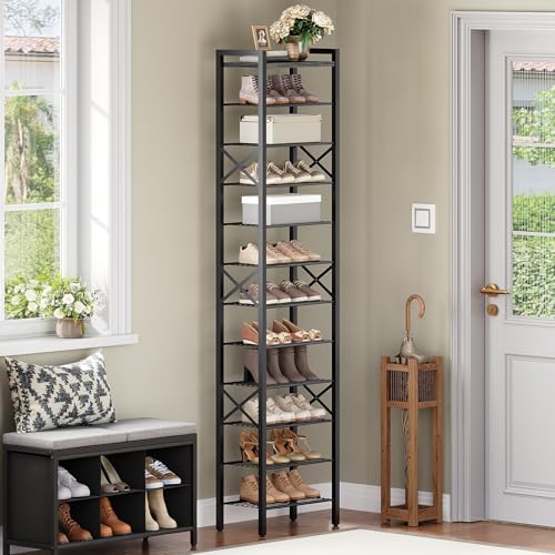 YATINEY 12-Tier Narrow Shoe Rack, Tall Shoe Rack for 12-24 Pairs, Slim Shoe Storage Organizer with Wooden Top, Space Saving, Metal Frame, for Entryway, Charcoal and Black SS61BC - Image 2