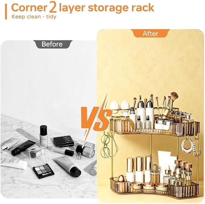 2-Tier Corner Bathroom Counter Organizer，Makeup & Skincare Shelf with Built-in Brush Holder，Space-Saving Bathroom Countertop Organizer for Skincare, Perfume, Cosmetics(Amber) - Image 6