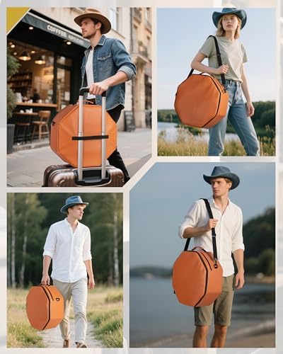 Marscamd Vegan Leather Hat Box Fits 4 Cowboy or Wide-Brim Hats, Padded Storage Case with Shoulder Strap & Trolley Sleeve for Travel or Home Storage (Facet Series, Brown) - Image 6