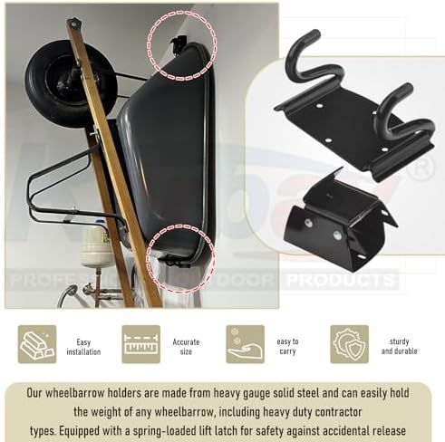 Wheelbarrow Storage Bracket - 90 lbs Capacity, Heavy Duty Storage Hook for Most Wheelbarrows Designs, Comes with a Spring Loaded Lift Latch Safety Catch Feature - Image 4