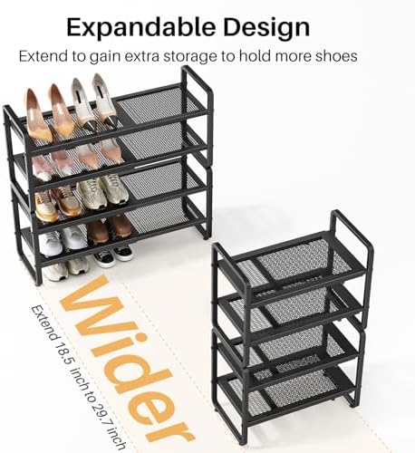 Expandable Metal Shoe Rack for Closet, Entryway & Garage, 4-Tier, Black | Adjustable Height for Boots, Stackable Design, Dense Mesh Shelves for Heels, Fits Small Spaces, Apartments and Rentals - Image 4