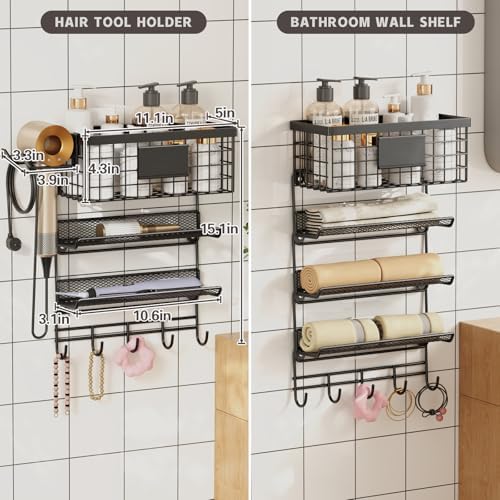 Magheo Hair Dryer Holder Wall Mounted, Adheisve Hair Styling Tool Organizer for hair Brush/Appliance Wall Mount with 4 Tier Shelf Basket Hooks Blow Dryer and Straightener Holder for Bathroom(Black) - Image 6