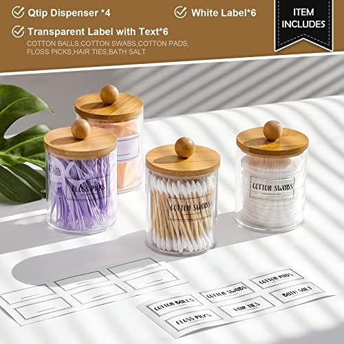 4 Pack Qtip Holder Dispenser with Bamboo Lids - 10 oz Clear Plastic Apothecary Jar Containers for Vanity Makeup Organizer Storage - Bathroom Accessories Set for Cotton Swab, Ball, Pads, Floss - Image 3