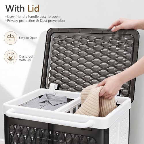 VECELO Rolling Laundry Hamper with Wheels and Lid, Foldable Plastic Laundry Basket with Handle, Rolling Divided Laundry Cart for Small Spaces, Laundry, Bathroom, Bedroom, Black - Image 4