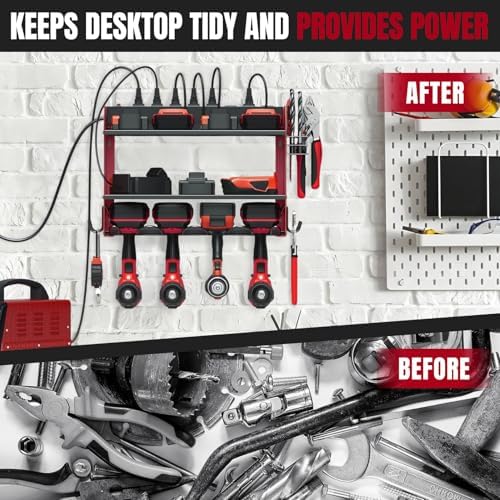 Modular Power Tool Organizer Wall Mount with Charging Station, 3-Layer Heavy Duty Drill Holder Rack & 8-Outlet Power Strip for Garage Workshop Storage - Image 4