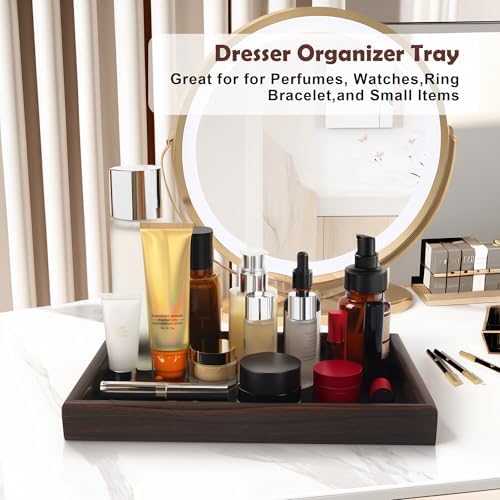 Wooden Valet Tray with Leather Base - Nightstand Catchall Organizer for Cologne, Perfume, Keys, Wallet, Phone, Watch, Jewelry & Sunglasses (2Pcs Black) - Image 5