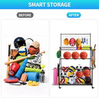 Sports Equipment Organizer,Garage Ball Storage Rack with Basketball Rack with Hooks and Rolling Wheels Cart-Black - Image 5
