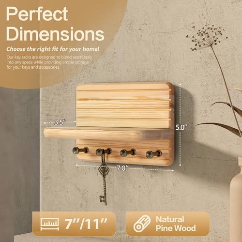Rebee Vision Key Holder Wall Mount with 4 Hooks for Entryway, Natural Wood - Image 3