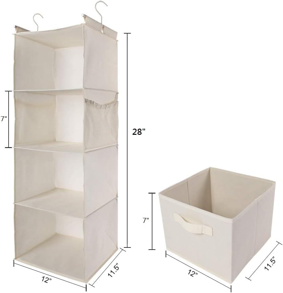 MAX Houser 4-Shelf Hanging Closet Organizer, Space Saver, Cloth Hanging Shelves with 2 Side Pockets, Foldable (Beige) | Foldable Fabric Hanging Shelves for Closet, Cloth Hanging Shelves with 2 sturdy hanging hooks, Small Space Saver - Image 3