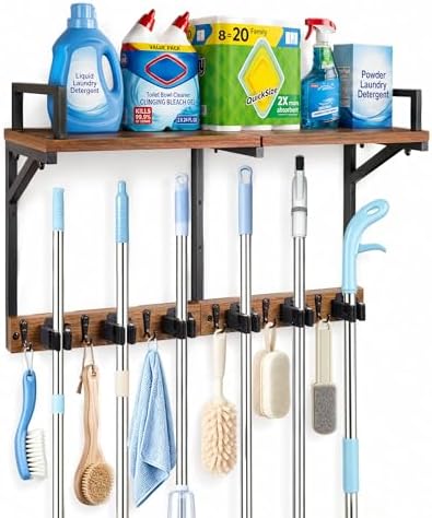 Lorbro Broom Holder Wall Mount with Cleaning Supplies Storage, Heavy Duty by Lorbro