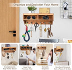 Key Holder Wall Mount with Mail Organizer, 6 Hooks & Shelf, Brown - Image 2