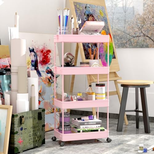 SPACEKEEPER 4 Tier Rolling Cart, Bathroom Cart Organizer with Wheels, Pink - Image 2